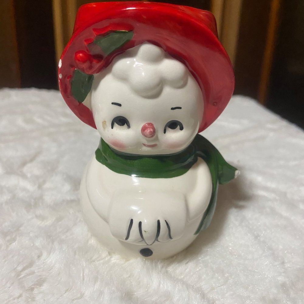 Vintage Lefton Mrs Snowman Votive Tea Light Holder Ceramic Christmas Decor